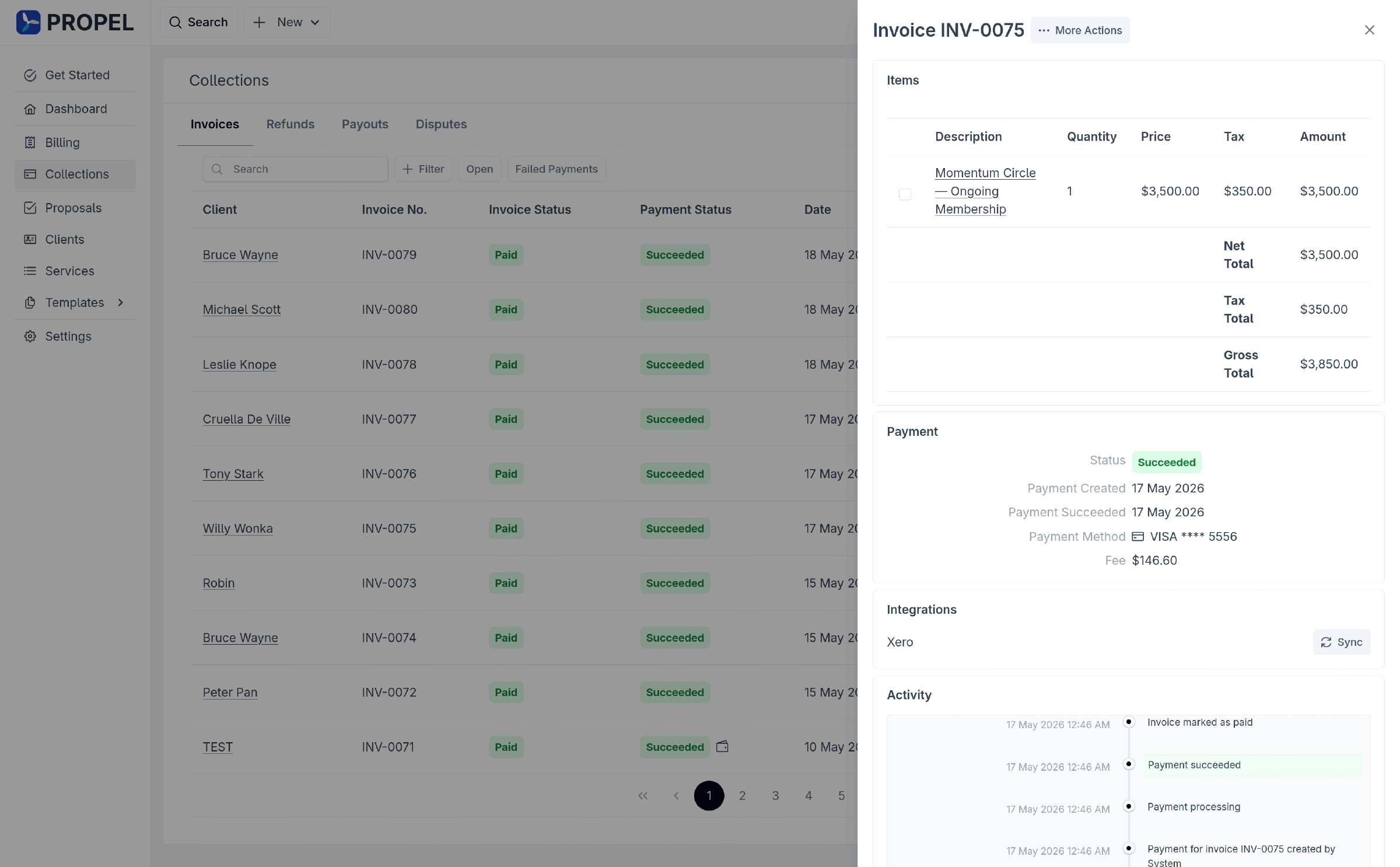 Propel collections view showing paid invoices charged to saved cards.
