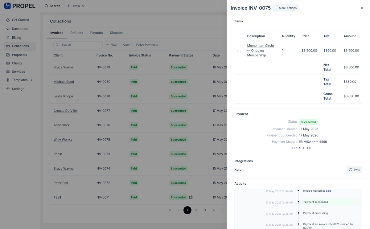 Propel collections view showing paid invoices charged to saved cards.