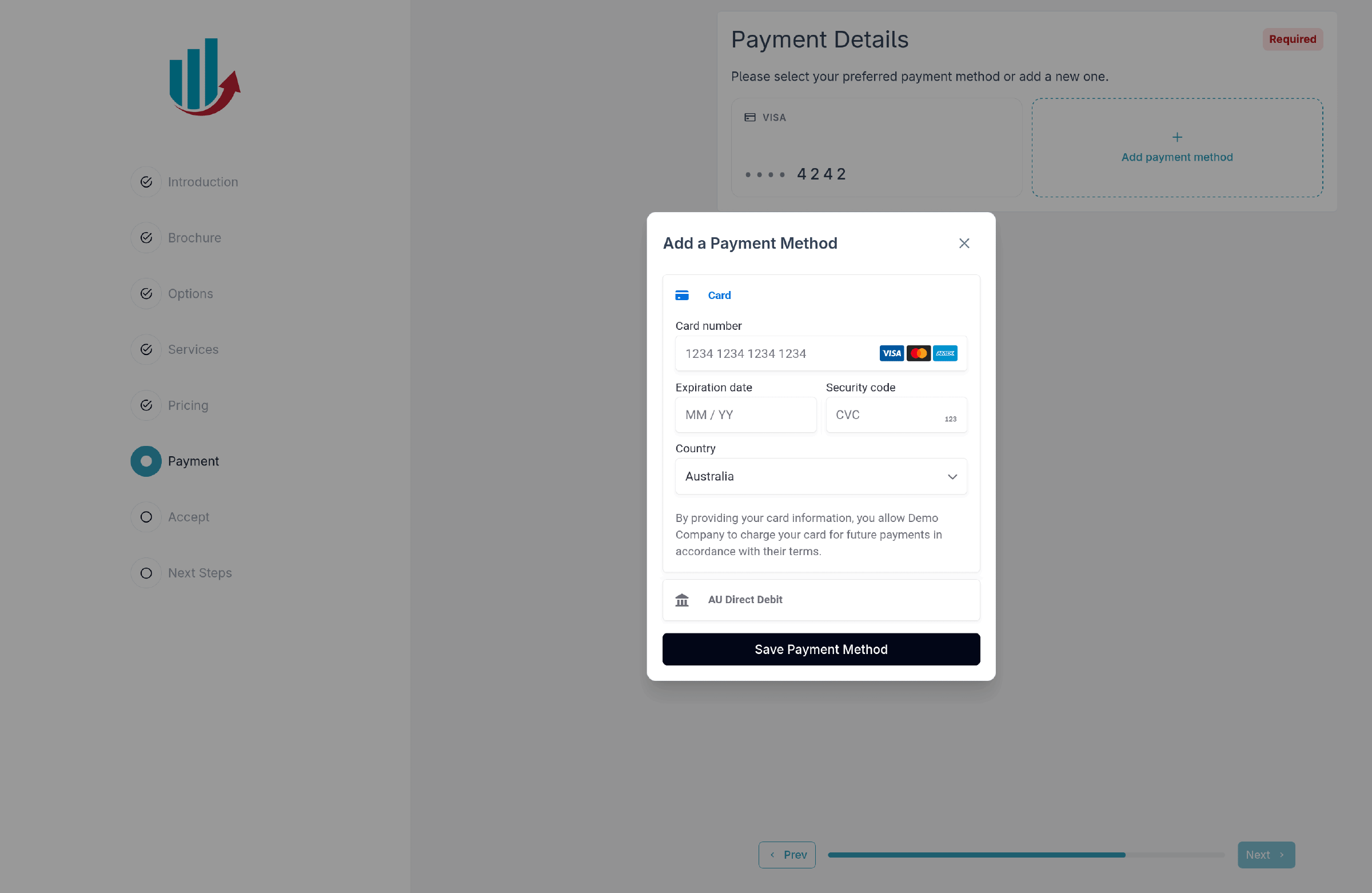 A Propel proposal on its Payment step, with Payment Details marked Required and an add payment method dialog open over it. The step rail shows Payment sitting before Accept.
